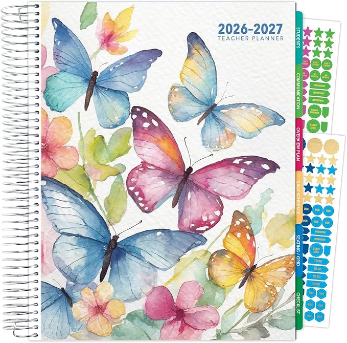 DELUXE TEACHER PLANNER Aug 2026-Jul 2027 8.5x11 Daily Weekly Monthly Organizers with 7 Periods, Pocket Folder, Dated Calendar, Page Tabs, Bookmark and Planning Stickers (Watercolor Butterflies)