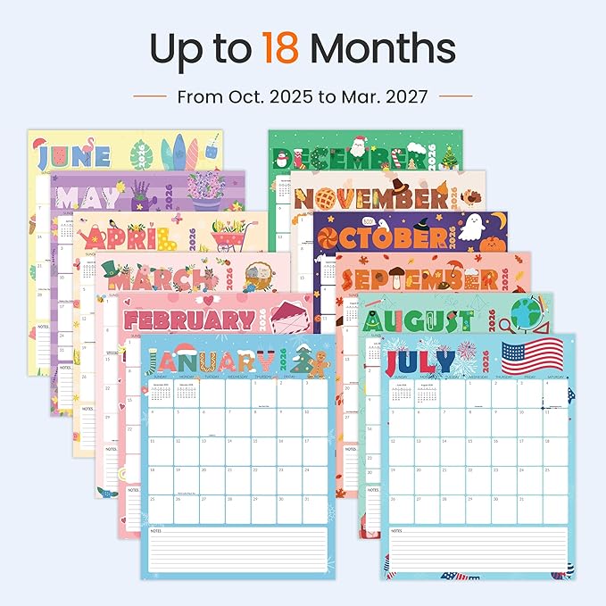 SUNEE Wall Calendar 2025-2026- 18 Months Oct. 2025 - Mar. 2027, 11.5"x14.5" Vertical Grid Hanging Calendar with Note for Organizing & Planning, 2026 Monthly Calendar with Last Month and Next Month, Cute