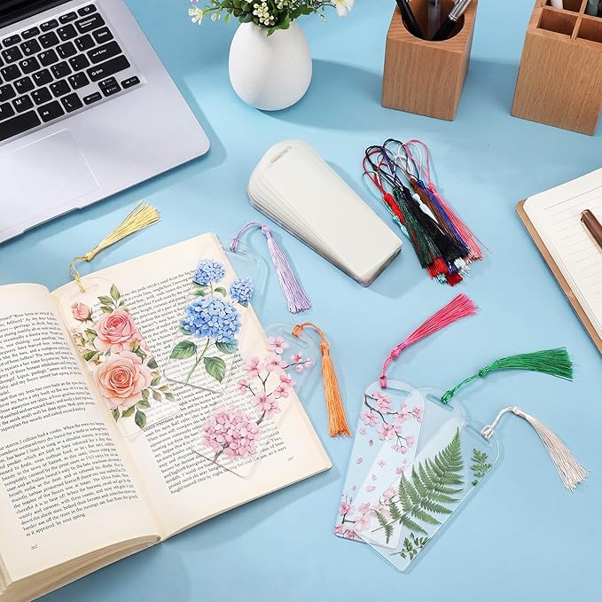 Fumete 100 Pcs Sublimation Blank Bookmark Heat Transfer Acrylic DIY Bookmark with Hole and Colorful Tassels for Crafts, Birthday Wedding, Sublimation Blank Keychains, Single Sided Printing