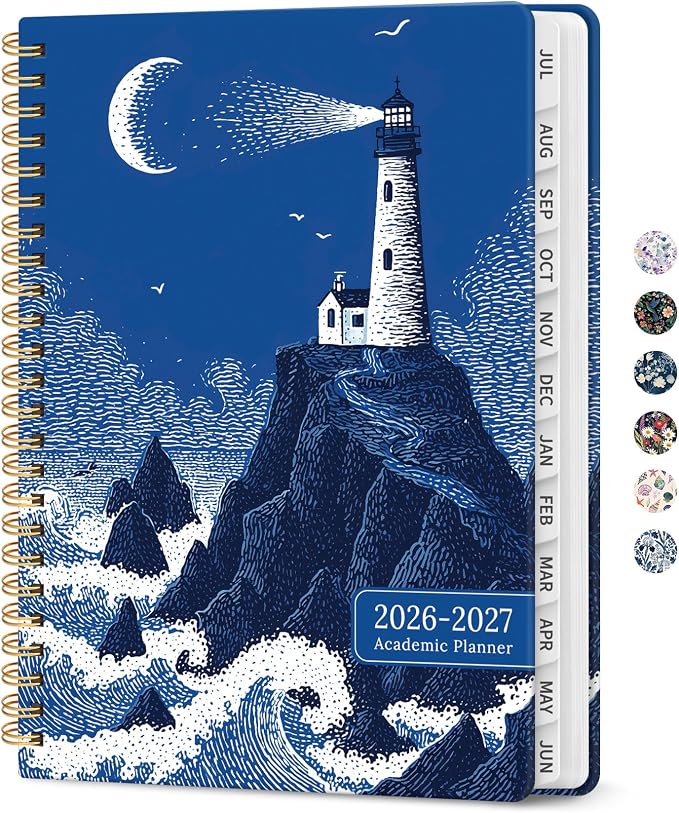 Planner 2026–2027, Academic Year Monthly & Weekly Calendar Book, Jul 2026–Jun 2027, Hardcover Organizer with Tabs, Student & Teacher Planner, 6.3" x 8.5", Lunar Lighthouse