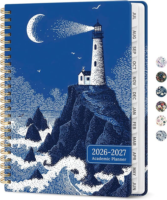 Planner 2026–2027, Academic Year Monthly & Weekly Calendar Book, Jul 2026–Jun 2027, Hardcover Organizer with Tabs, Student & Teacher Planner, 6.3" x 8.5", Lunar Lighthouse