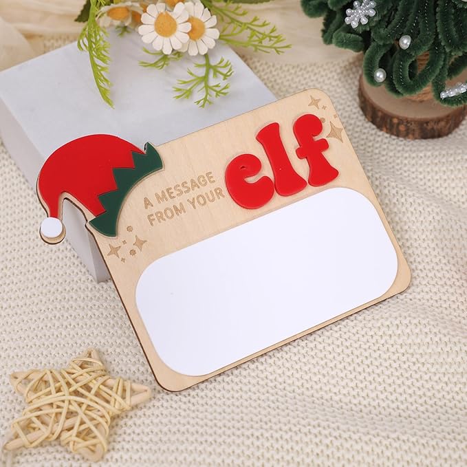 Christmas Elf Message Board - Christmas Holiday Decorations,A Message from Your Elf Sign,Reusable Dry Erase Wooden Board,Santa Magical Party Decorations