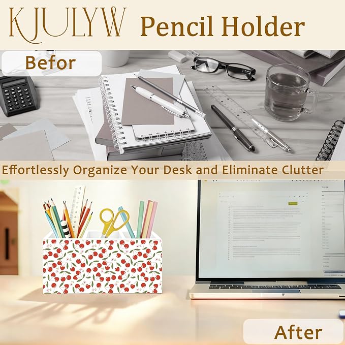 Cute Cherry Pen Holder for Desk, Cherry Gifts for Women, Girly Aesthetic Cherries Floral Wooden Box Pencil Pen Holder Organizer for Home Office Desk Accessories