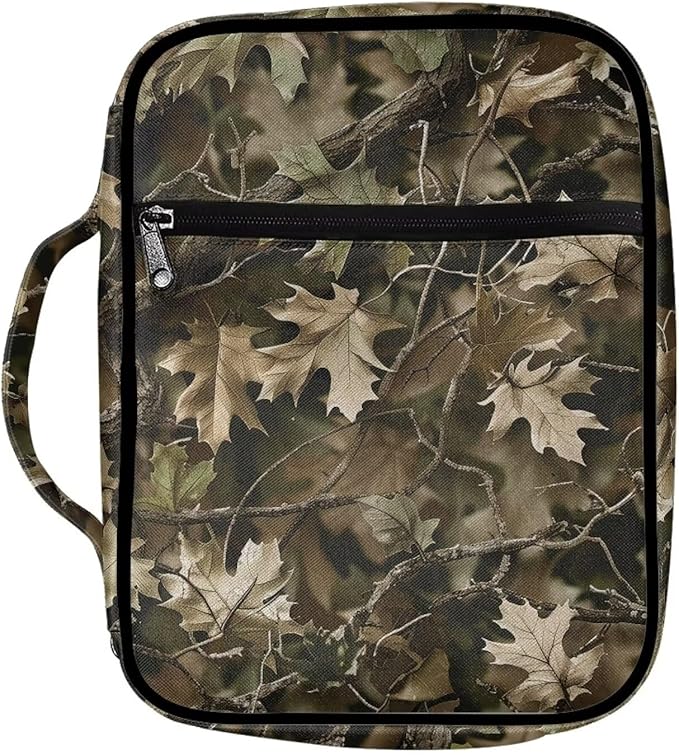Suobstales Green Hunting Camo Print Bible Cover Carrying Book Case for Women Men Lightweight Bible Bag Bible Protective with Handle and Zippered Pocket