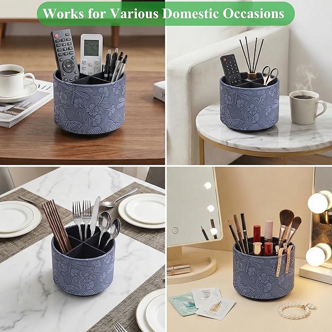 Round Leather Art Supply Organizer,Remote Control Holder,360-degree Rotating Pen Organizer with 4 Compartments(1-Butterfly Blue2)