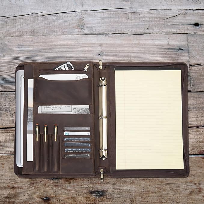 Genuine Leather 3 Ring Binder Portfolio, 8.5 x 14 Legal Size Pad Holder, Hidden Handle, Zippered Padfolio with 15” Laptop Organizer, Professional Business Folio for Men Women, Dark Khaki