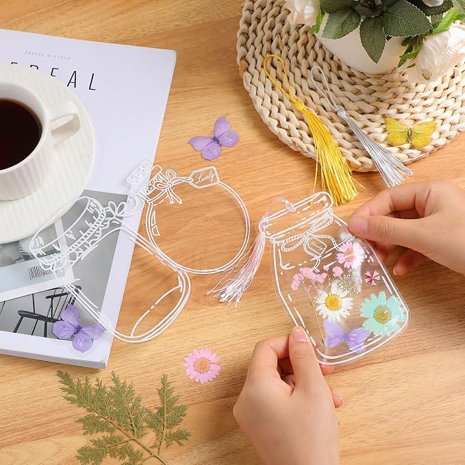 TaoBary 152 Pcs DIY Transparent Dried Flower Bookmark Set Handmade DIY Bookmarks with Dried Pressed Flowers Leaves Butterfly Stickers Colorful Tassels and Tweezers for Reader Writer(Macaron Color)