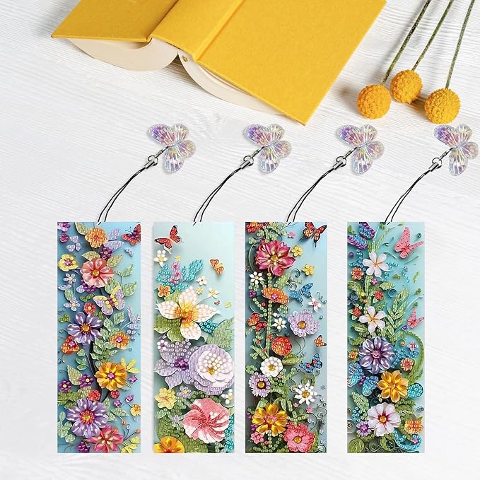 4pcs Diamond Art Bookmarks,Diamond Painting Bookmark Kits for Adult,DIY Gem Art Small Crafts with Rhinestone Tassel,Paint by Diamonds for Graduation Birthday Reader Gifts (Flower)