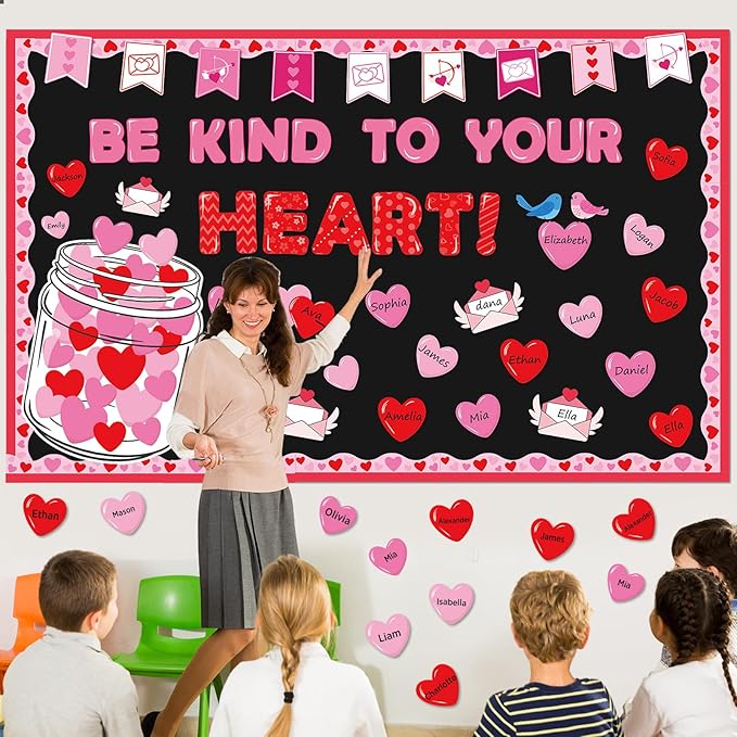 gisgfim Valentine's Day Bulletin Board Set Decorations Valentines Classroom Decor Love Heart Name Tag Cutouts for School Home Chalkboard Wall Door Valentine Party Supply(Be Kind to Your Heart)
