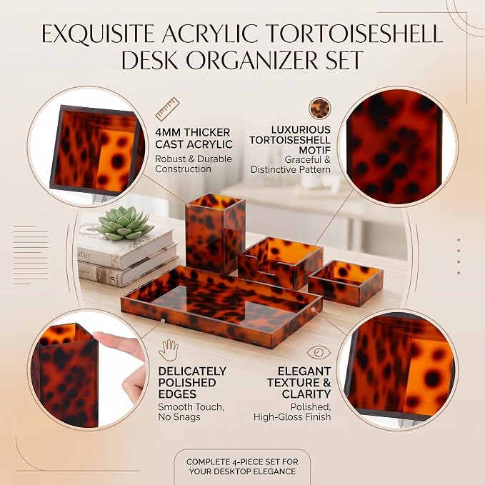 4 Pcs Tortoiseshell Desk Drawer Organizer Set Aesthetic Pen, Paperclip, Sticky Note Holder, Desk Rrganizer Tray for Office Home Supplies