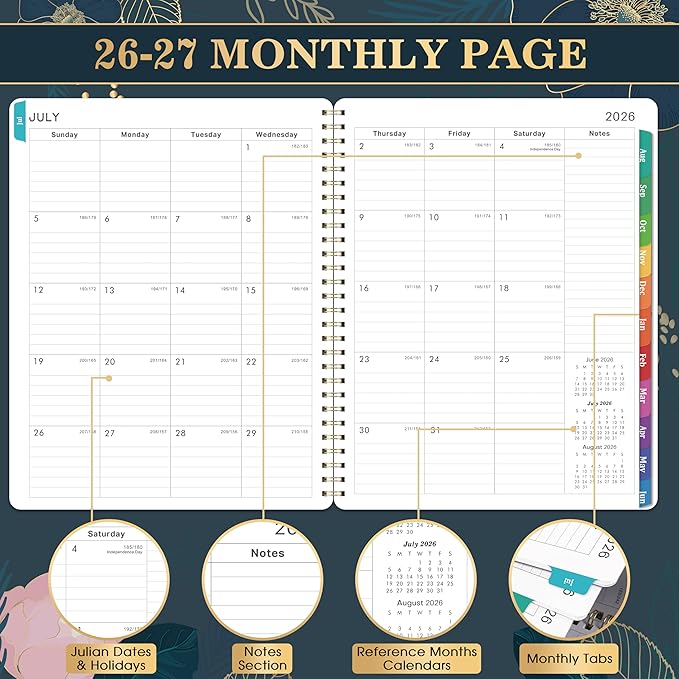Planner 2026-2027 - Academic Planner 2026-2027, July 2026 - June 2027, Weekly & Monthly Planner, 8'' x 10", Calendar Planner, Colorful Monthly Tabs, Twin-wire Binding, Back Pocket, Holidays