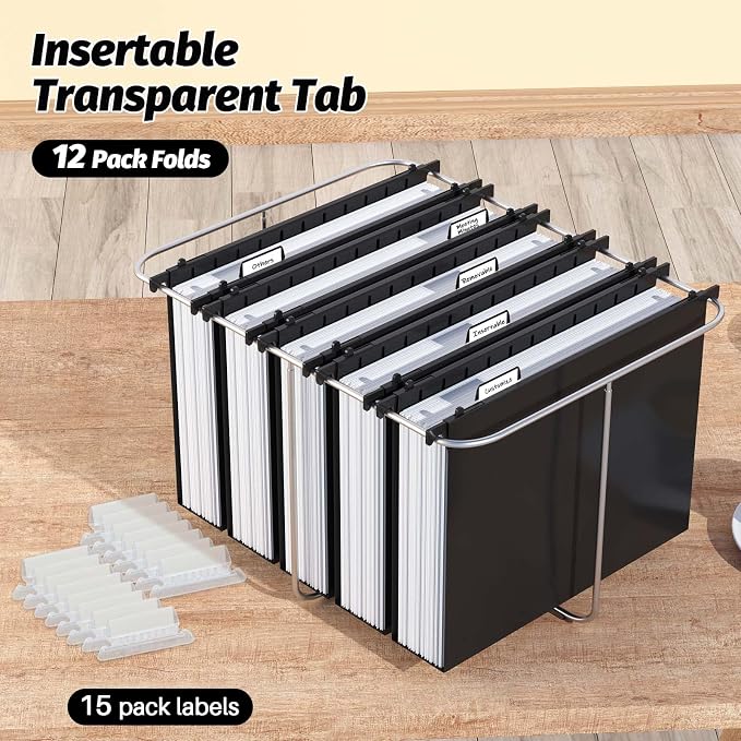 Shutex Extra Capacity Plastic Hanging File Folders,12 Pack Reinforced Hang Folders,Heavy Duty 2 Inch Expansion,Plastic Filing Cabinet Folders,Letter Size,Designed for Bulk Files, Medical Charts,Black