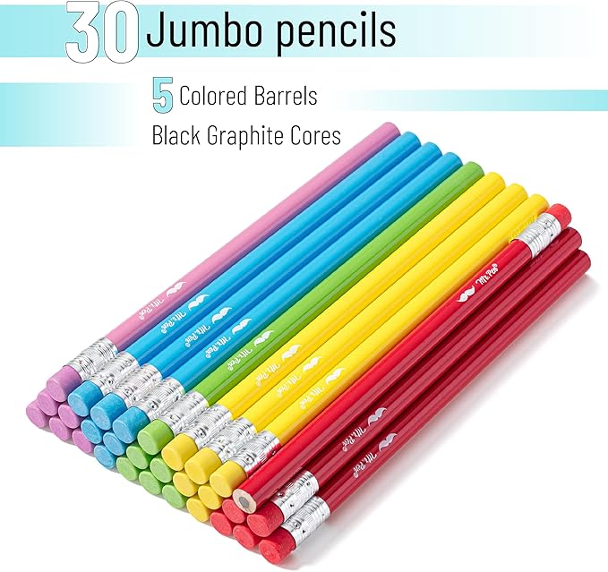 Mr. Pen- Jumbo Pencils, 30 Pack, Colorful Barrels, Smooth Black 2 HB Graphite Cores, Large Preschool Pencils, Smooth Writing Lead for Kindergarten, Kids and School Supplies