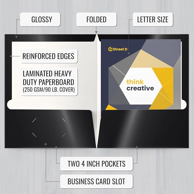 Better Office Products 2 Pocket Glossy Laminated Black Paper Folders, Letter Size, Black Paper Portfolios, Box of 25