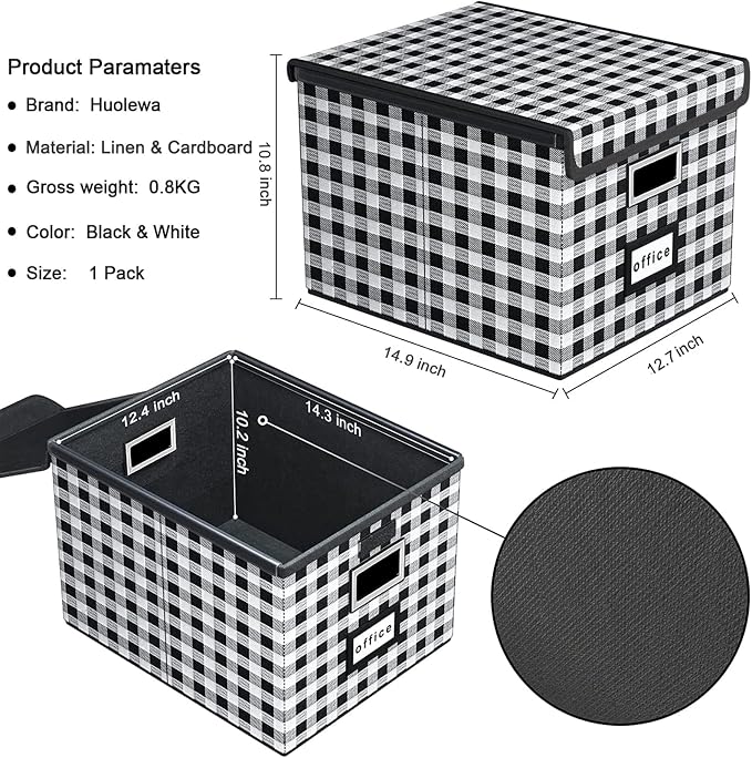 File Organizer Box with Lid, Collapsible File Folder Organizer for Office Document Storage, Filing Box with Plastic Slide for Letter Size Hanging File Folders(1 Pack, Black & White Lattice)