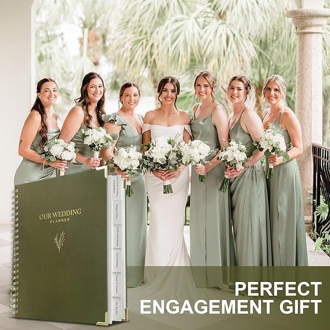 LADY&HOME Wedding Planner Book and Organizer, Linen Cover Wedding Planner Book, Bridal Planning Binder for Bride to be Gifts with Calendars, Checklist and Pockets(Emerald Green)