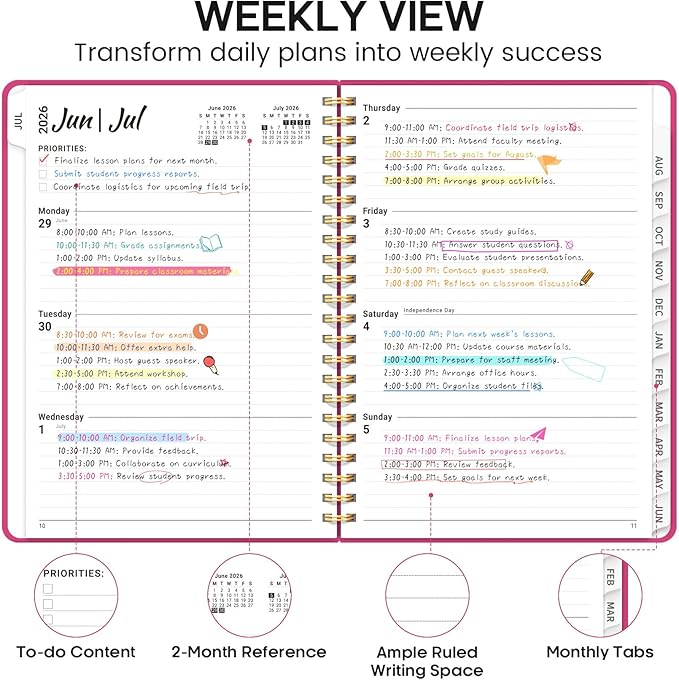 Academic Planner 2026-2027, Weekly and Monthly Calendar Planner Book, July 2026 – June 2027, Hardcover Organizer with Tabs, Perfect for Teachers, Students, Women & Men, A5 (6.4" x 8.5") - Hot Pink