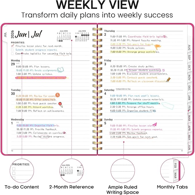 8.5" x 11" Academic Planner 2026-2027, Weekly & Monthly Calendar Planner Book, July 2026 – June 2027, Large Hardcover Organizer with Tabs, Perfect for Teachers, Students, Women & Men – A4, Hot Pink