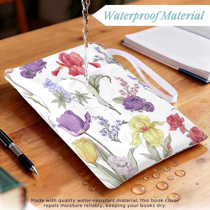 Book Sleeve with Zipper, 11''x 9'' Waterproof Paperback Sleeve for Book Lovers Books Pouch Cover with Handle for Hardcovers Kindle Sleeve for Reader Teacher Women (Pinkish-Purple Flowers, 11x 9 inch)