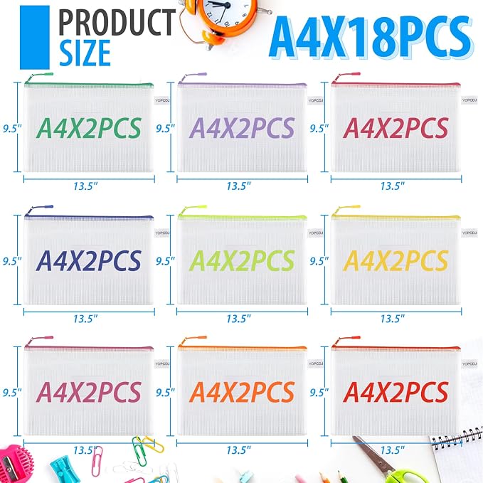 18 Pack A4 Mesh Zipper Pouch Bags, Mesh Bags with Label Pocket,Zipper Pouches of Office Supplies, File Bags for Classroom Organization,Puzzles, Board Game Storage