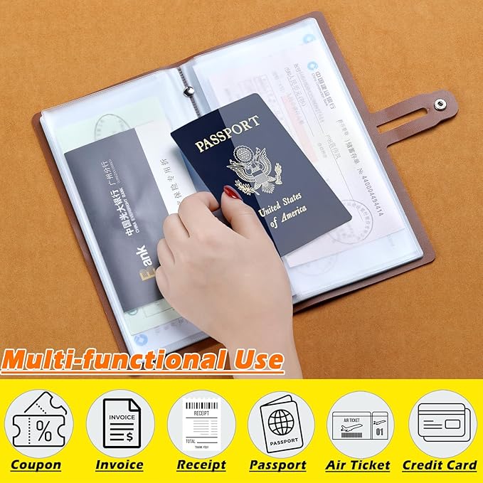 Leather Receipt Organizer, Portable Receipt Holder for Travel, Daily Coupon Organizer with 20 Pockets and 12 Card Slots to Keep Receipts and Coupons Organized, Prevent Loss and Damage (Brown)
