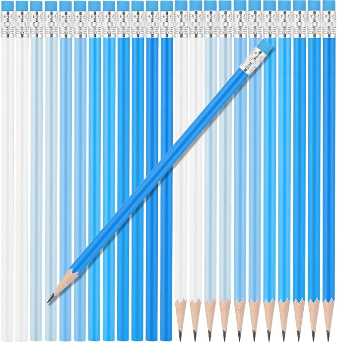 24 Pcs Round Pencils with Eraser 2 HB Cute Pencils Bulk for School Graphite Wood Color Unsharpened Pencil for Drawing Sketching Wedding School Teacher Supplies Student Reward(Blue)