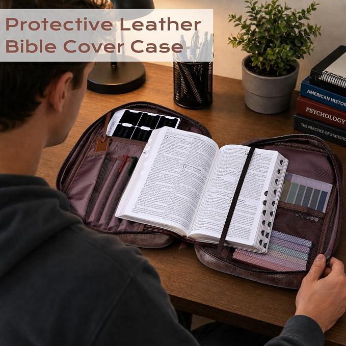 XKDOUS Leather Bible Cover Book Carrying Case Classic Church Bag Holder Portable Study Supplies Organizer with Handle, Pockets Father Day Christian Gift for Dad, Men, Women, Friends