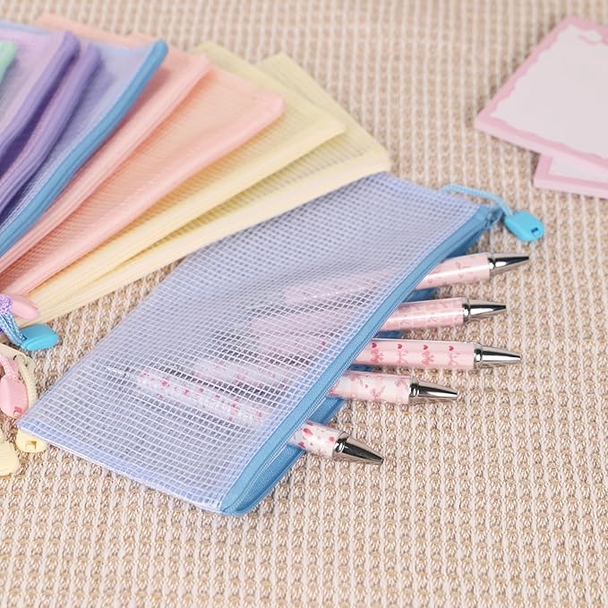 10 Pcs A6 Clear Zipper Pouch Bags - 5 Colors Plastic Mesh Storage Organizers for School Supplies, Office Travel Accessories & Classroom Organization (A6)
