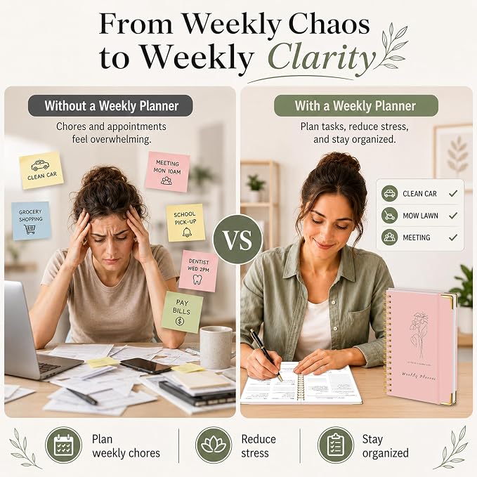 Undated Weekly Planner, Weekly To Do List Notebook with Goal & Habit Tracker Organizer, A5 Hardcover Weekly Planner for ADHD, Office School Home Supplies, Reduces Stress and Boosts Productivity - Pink