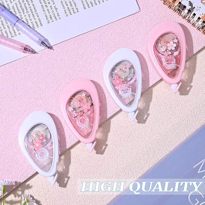 Temiary 4 Pcs White Smooth Pull Out Correction Tape, Quick Dry Applicator for Instant Corrections, Aesthetic Flower Pattern Correction Tapes for Students School Office Supplies (Cherry Blossom)