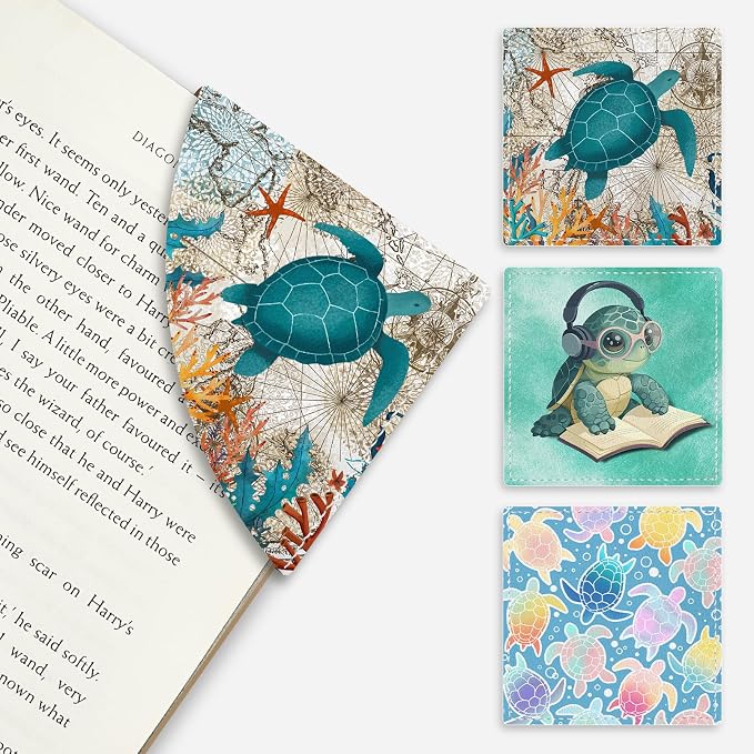 Icycay Cute Sea Turtle Corner Bookmarks, Funny Leather Book Accessories for Book Lovers, 3 Pcs Reading Book Page Markers for Women Men Student Teacher Girls Boys Kids Retirement Birthday Gifts