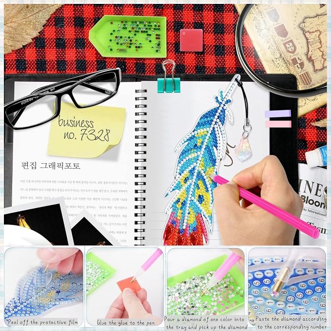 12 Pcs Feather Diamond Painting Bookmarks, Diamond Art Bookmarks with Pendant, Diamond Art Painting Kits for Beginners Adults DIY Art Craft Gifts Book Decors