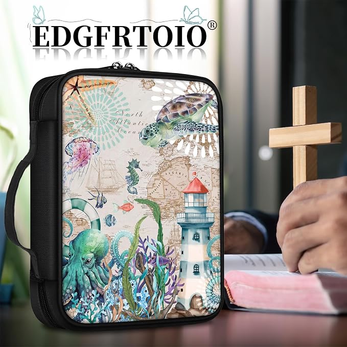 Nautical Sea Turtle Octopus Bible Case with Handle and Zippered Pocket - Standard Size Bible Bag for Women