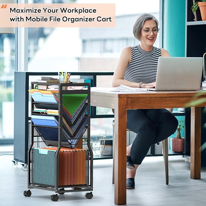 DAOUTIME 8 Tier Rolling File Cart with Hanging File Folder Organizer, Mobile File Organizer with 2 Sides Access Bookcase, Beside/Under Desk Cart with Wheels for Office Home School
