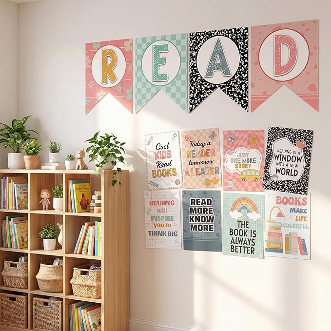 Reading Classroom Decorations Library Posters Bulletin Board Sets for Elementary Classroom Pennants Decor for Back to School Nursery Library Teacher Supplies(Bohemian Colors)