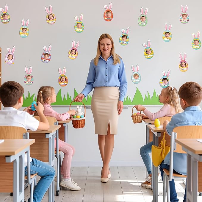 83Pcs Easter Bunny Ear Egg Cutouts for Bulletin Board Decorations, Colorful Easter Rabbit DIY Photo Name Tag Craft Kit, Spring Classroom Chalkboard Door Wall Decor Home School Party Supplies