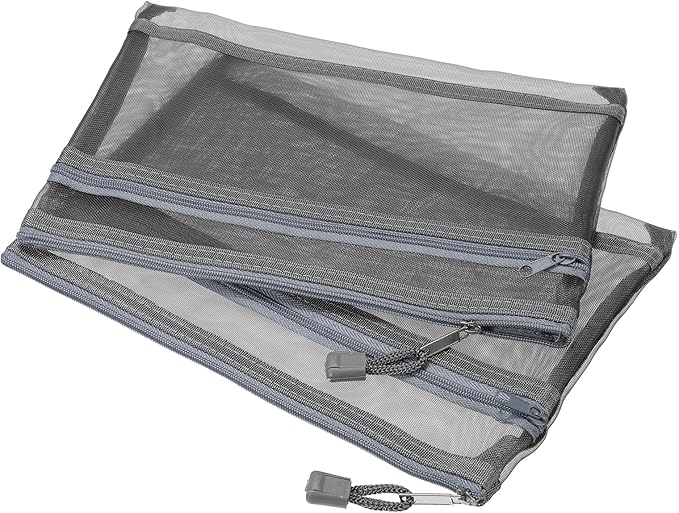 MECCANIXITY Mesh Zipper Bags, A5 Nylon Double Layer Zip File Pouch Storage Organizer Pockets for Travel Office Accessories, Gray Pack of 6