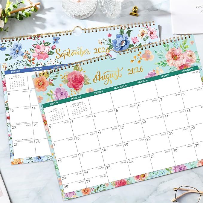 Calendar 2026-2027 - Wall Calendar 2026-2027, Jul. 2026 - Dec. 2027, 15" x 11.5", 18 Monthly Wall Calendars, Twin-Wire Binding + Hanging Hook + Thick Paper + Julian Dates - Floral