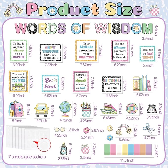 Qilery Words of Wisdom Bulletin Board Set Retro Groovy Classroom Decorations with Bookshelf Border Inspirational Quotes for School Library Reading Nook Pastel Macaron Teacher Supplies Back to School