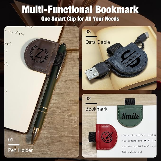 Personalized Magnetic Leather Pen Holder Bookmark – Custom Engraved Initial Letter Bookmarks Clip, Customized Gifts for Book Lovers Readers Women (Pen Holder Bookmark)