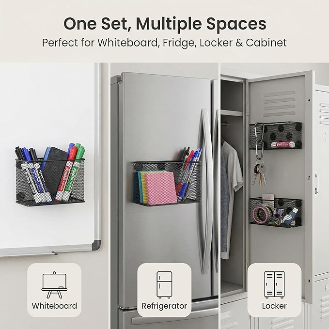 Neudeco Magnetic Locker Organizer and Accessories, Wire Mesh Magnetic Storage Basket, Magnetic Holder for Dry Erase Markers, Strong Magnet Pen Holder for Fridge School, Black, Pack of 6