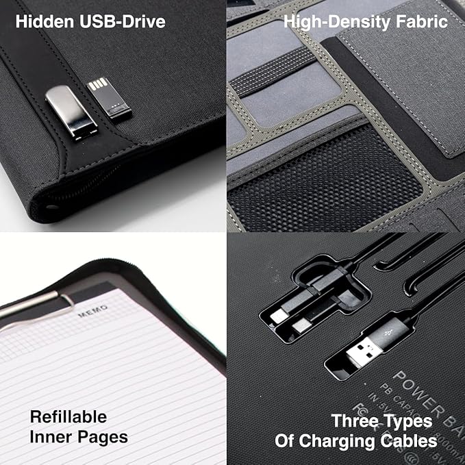 Zipper Padfolio, Portfolio Binder Organizer with 8000mAh Power Bank, Portfolio for Resume, Documents, Phone, Tablet, Business Supplies, Notebook Organizer with Wireless Charging