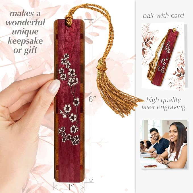 Cherry Blossom Sakura Wooden Bookmark | Japanese Botanical Floral Engraving | Nature Gift for Gardeners, Flower Lovers, Nature Lovers & Readers | Handmade in the USA