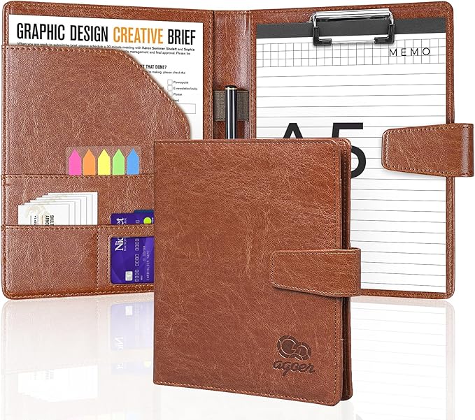 Agoer A5 Clipboard Folder Portfolio,Faux Leather Interview Resume Folder,Magnetic Padfolio with Papers,Sticky Tabs,Storage Clipboard for Cover for Legal Pad for Resume Office Conference,Red Brown