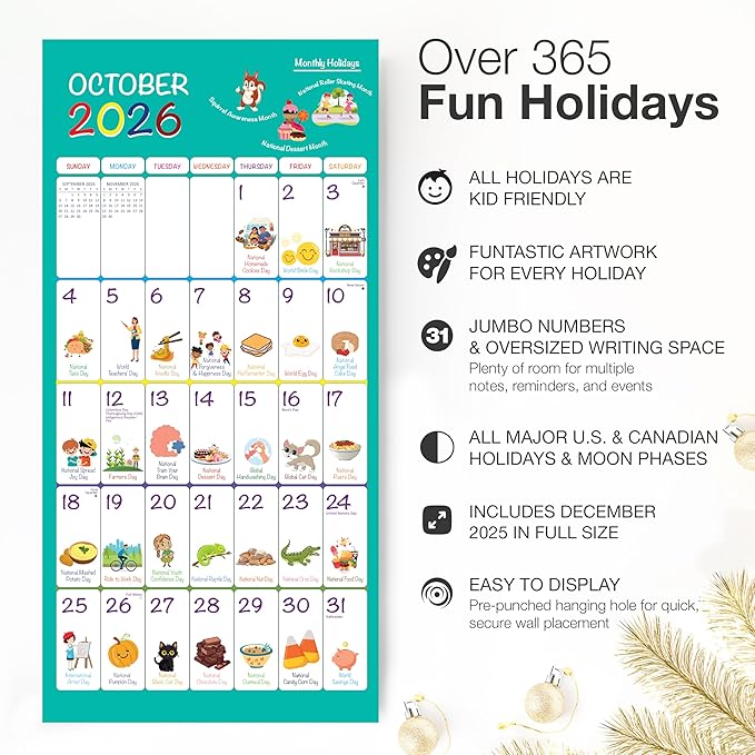 RED EMBER Select - Every Day's an Amazing Holiday 2026 Wall Calendar 12 Month | 12" x 24" Open | Thick & Sturdy Paper | Holiday Gift | Kids Calendar 2026