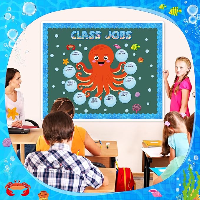 Dispowreath 69 Pcs Under the Sea Class Jobs Bulletin Board Sets Ocean Themed Classrooms Decorations Sea Animals Classroom Jobs Bulletin Board Teacher's Helper Classroom Decorations for Back to School