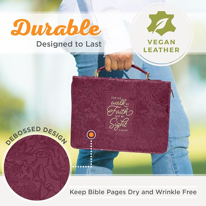 Christian Art Gifts Protective Maroon Floral Faux Leather Bible Cover Carry Case with Handle for Women: Walk by Faith - 2 Corinthians 5:7 Inspirational Bible Verse Zippered with Pocket, Medium