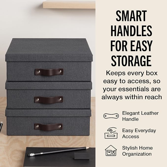 Bigso Oskar Canvas Fiberboard Document Letter Box for Important Paperwork A4 or Letter Size - Durable Keepsake Box with Lid and Leather Handle - 3.3in x 10.2in x 13.8in - Black - 3 Pack