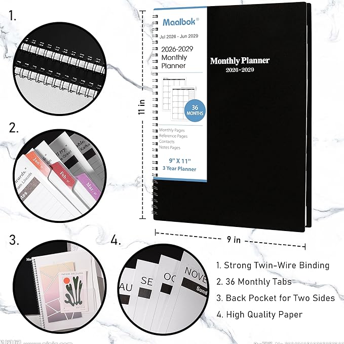 2026-2029 Monthly Planner/Calendar - July 2026 - June 2029, 3 Year Monthly Planner 2026-2029, 9'' x 11'', Calendar Planner with Colorful Tabs, Back Pocket, Holidays, Notes Pages