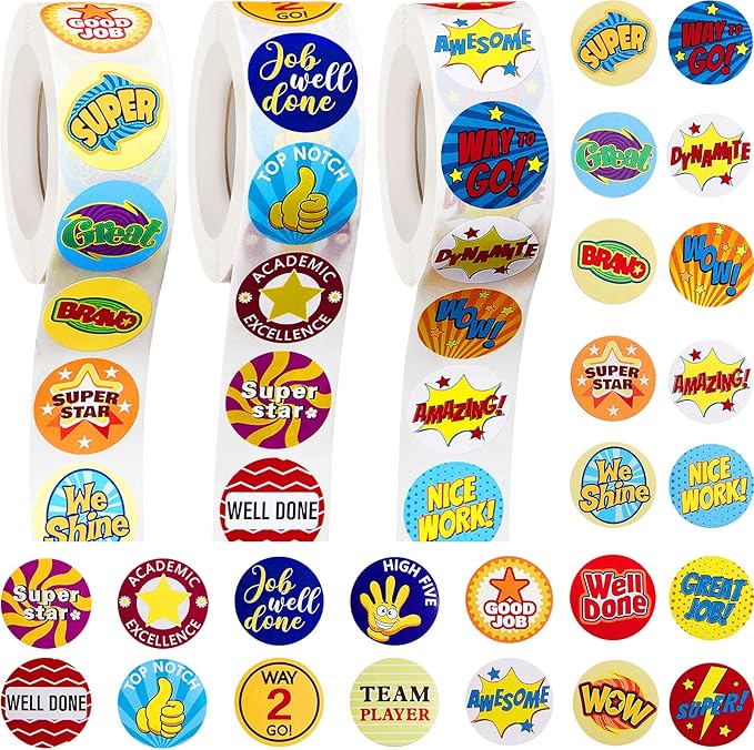 Outus 3 Rolls Motivational Stickers for Kids, 1500 Pcs Inspirational Cartoon Reward Stickers Teacher Supplies for Potty Training School Classroom Students Prizes, 24 Designs(Classic Style)